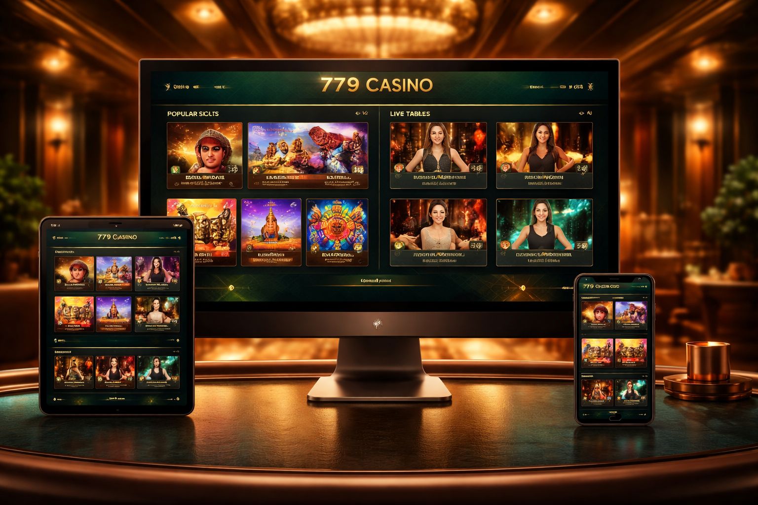 Pantalla de plataforma de juegos 779 Casino mostrando categorías de casino y mesas destacadas