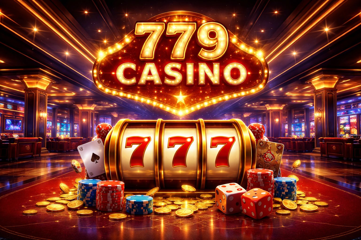 Un vibrante salón digital de casino con un letrero brillante de 779 Casino, carretes de tragamonedas, cartas, fichas y luces de juego coloridas.