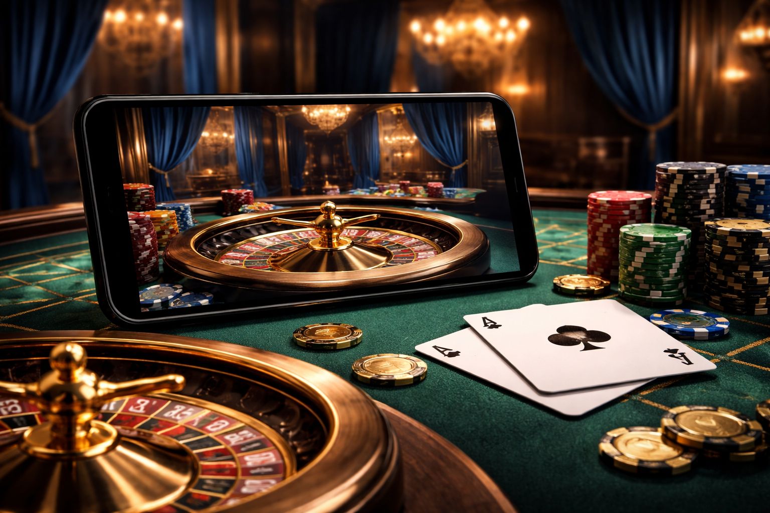 Una elegante configuración de casino en vivo en una pantalla móvil mostrando una mesa con crupier, fichas y brillante iluminación de estudio.