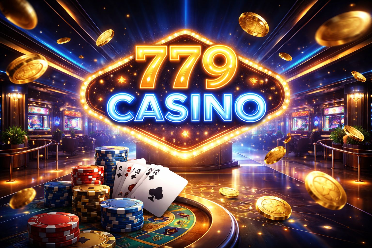 Una escena digital vibrante con temática de casino con 779 Casino brillando en un letrero de neón, rodeado de cartas, fichas, monedas y luces coloridas.