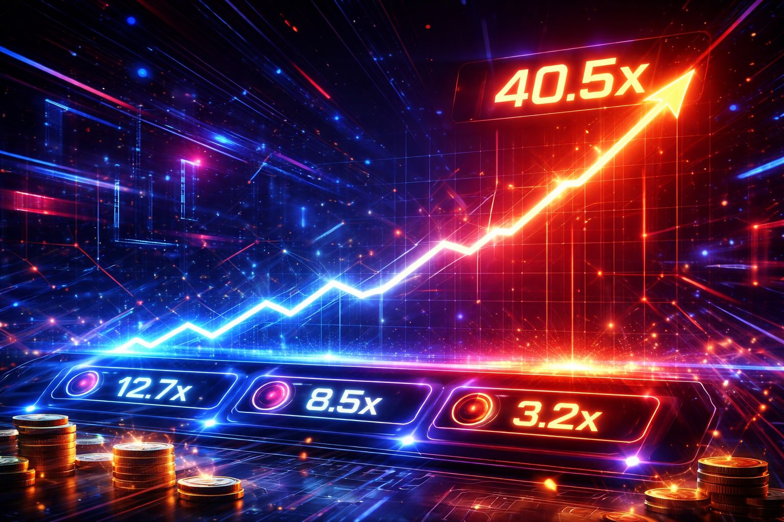 Una pantalla de juego digital multiplicador de ritmo rápido con números ascendentes, efectos brillantes y una atmósfera intensa de juego.