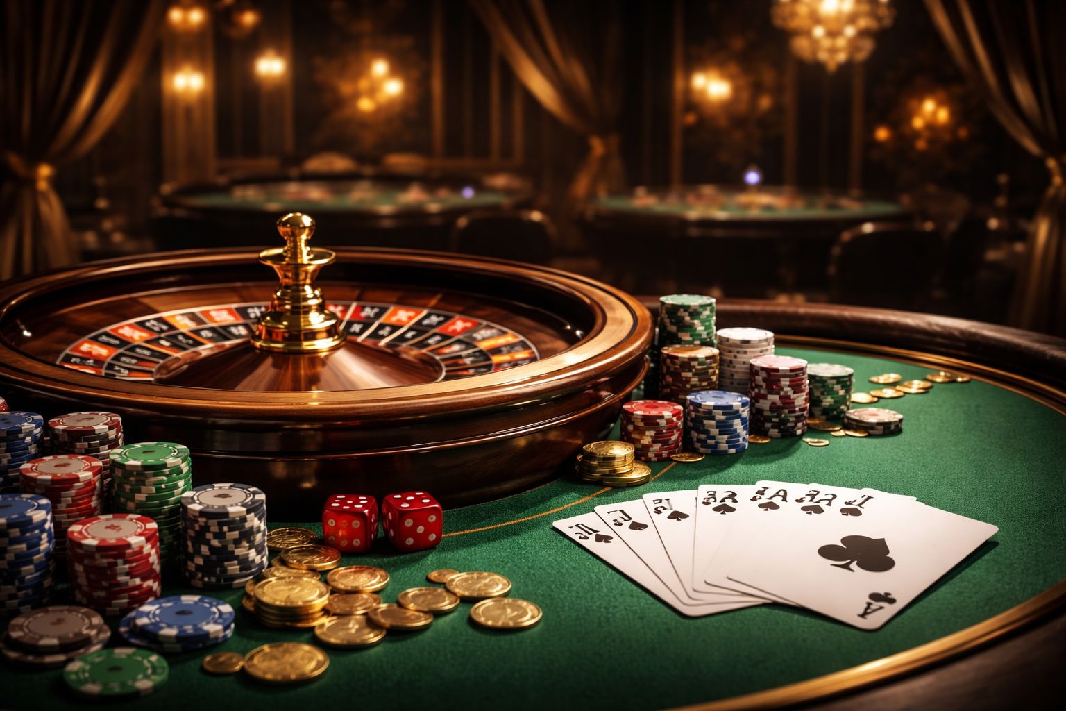 Una mesa elegante con crupier en vivo transmitida en una pantalla digital con cartas, elementos de ruleta y una atmósfera de casino elegante.