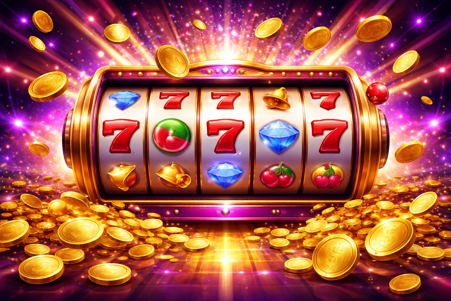 Una pantalla brillante de estilo tragamonedas con monedas, carretes brillantes y un momento ganador dentro de la plataforma 779 Casino.
